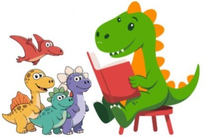 Dinosaur reading to young dinos